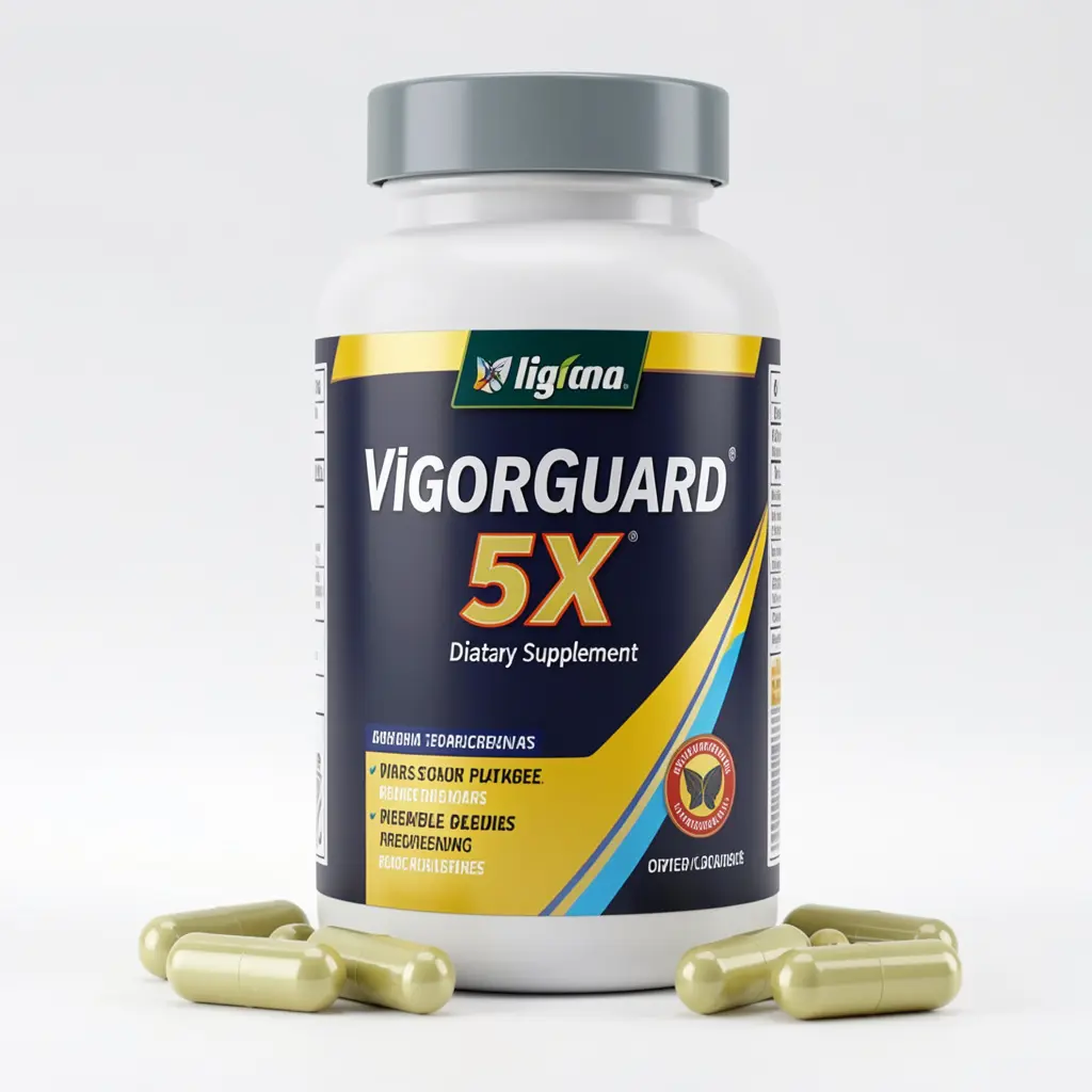 VigorGuard 5X dietary supplement bottle with capsules displayed on a clean background